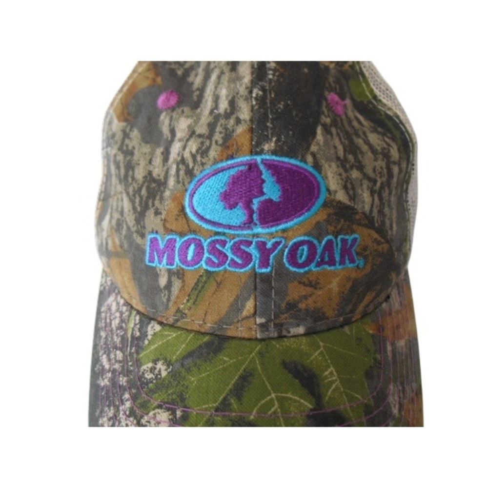 Mossy Oak Camo Trucker Hat Baseball Cap Mesh Back Gray Purple Blue Hook & Loop